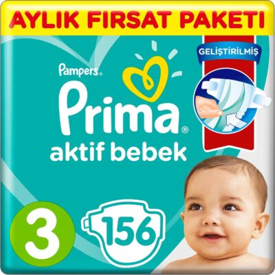 Prima Bebek Bezi Aktif Bebek 3 Beden Aylık Fırsat Paketi 156 AdetANNE – BEBEKBez & MendilBebek Bezi