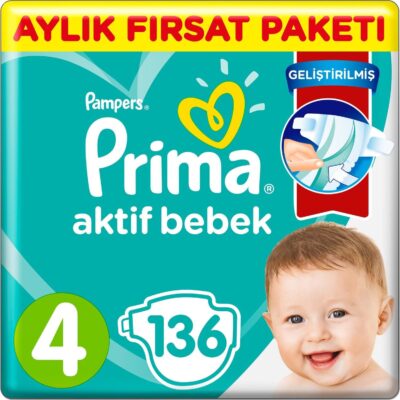 Prima Bebek Bezi Aktif Bebek 4 Beden Aylık Fırsat Paketi 136 AdetANNE – BEBEKBez & MendilBebek Bezi