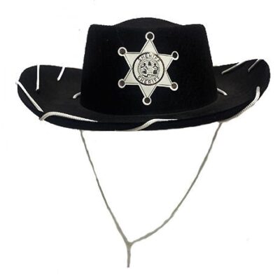 Parti Aksesuar Beyaz Bağcıklı Siyah Renk Şerif Rozet Baskılı Kovboy Şapkası Çocuk BoyEĞLENCE – PARTİ
