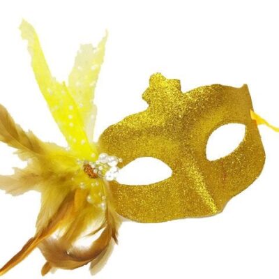 Sim İşlemeli İnci Boncuk Detaylı Tüylü Balo Maskesi Altın Renk 13×18 cmEĞLENCE – PARTİ